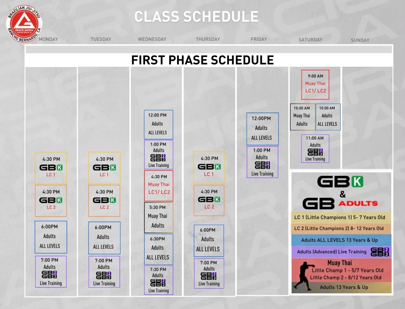 Gracie Barra Rancho Bernardo class schedule with GBK kids, adults, advanced live training and Muay Thai class times